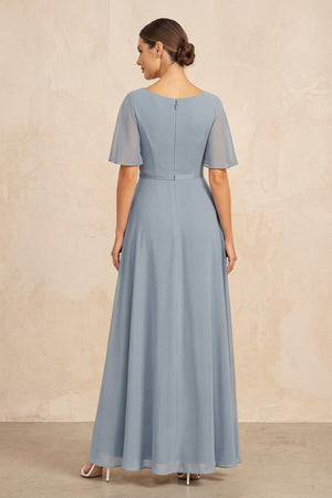 Dusty Blue Ruched A-Line Chiffon V-Neck Mother of the Bride Dress with Sleeves (2) | KISSBRIDAL