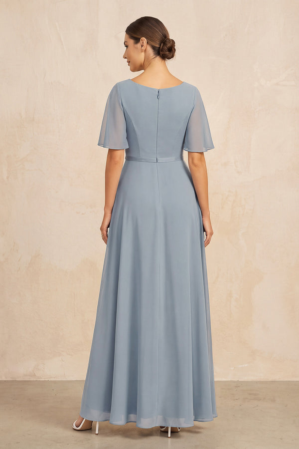 Dusty Blue Ruched A-Line Chiffon V-Neck Mother of the Bride Dress with Sleeves (2) | KISSBRIDAL