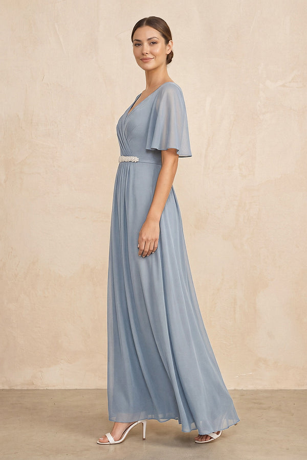Dusty Blue Ruched A-Line Chiffon V-Neck Mother of the Bride Dress with Sleeves (3) | KISSBRIDAL
