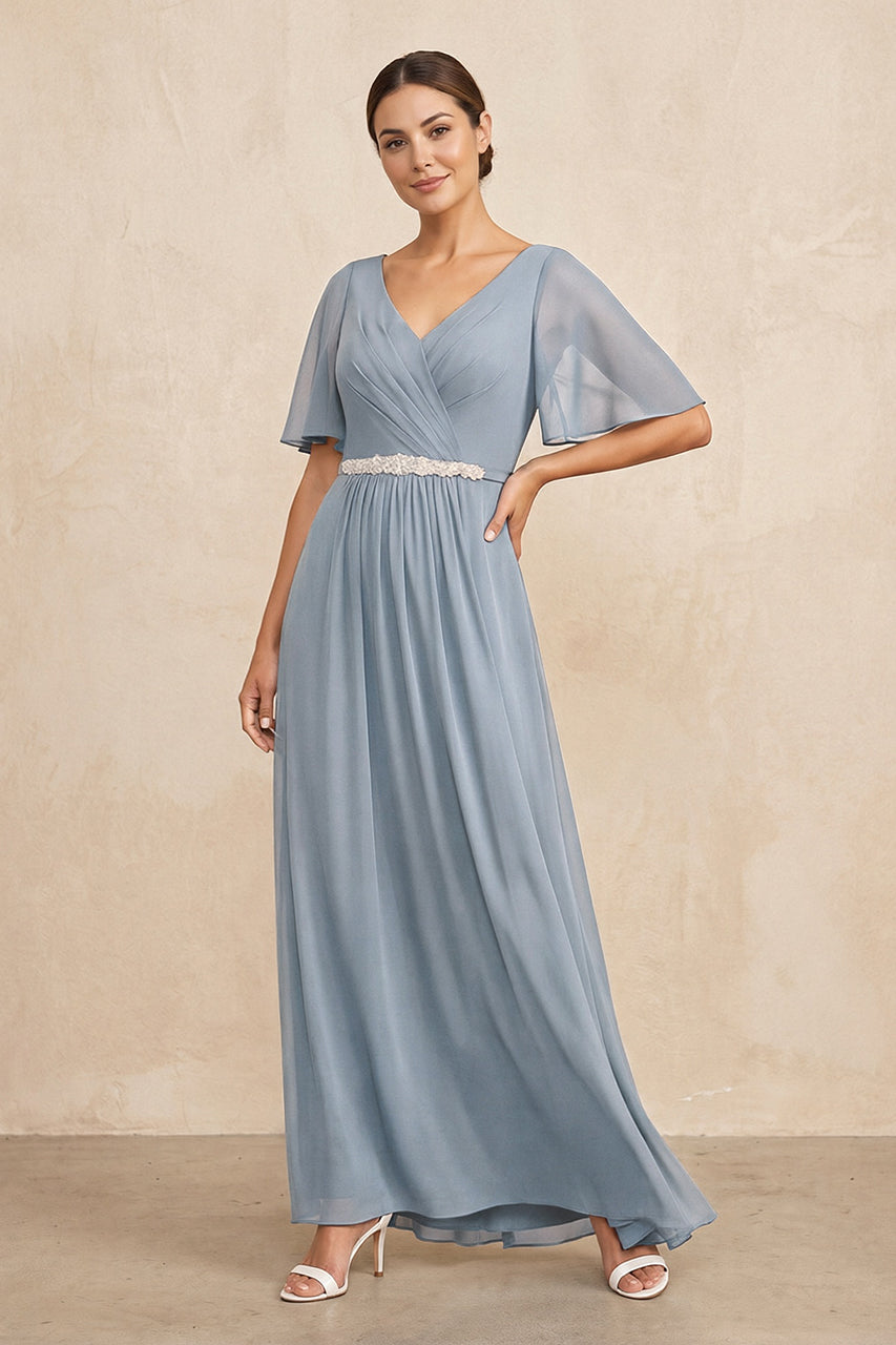 Dusty Blue Ruched A-Line Chiffon V-Neck Mother of the Bride Dress with Sleeves