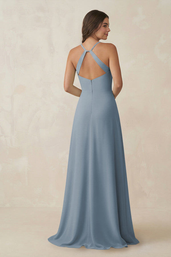 Dusty Blue Ruched Sheath Chiffon Bridesmaid Dress (2) | KISSBRIDAL