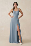 Dusty Blue Ruched Sheath Chiffon Bridesmaid Dress | KISSBRIDAL
