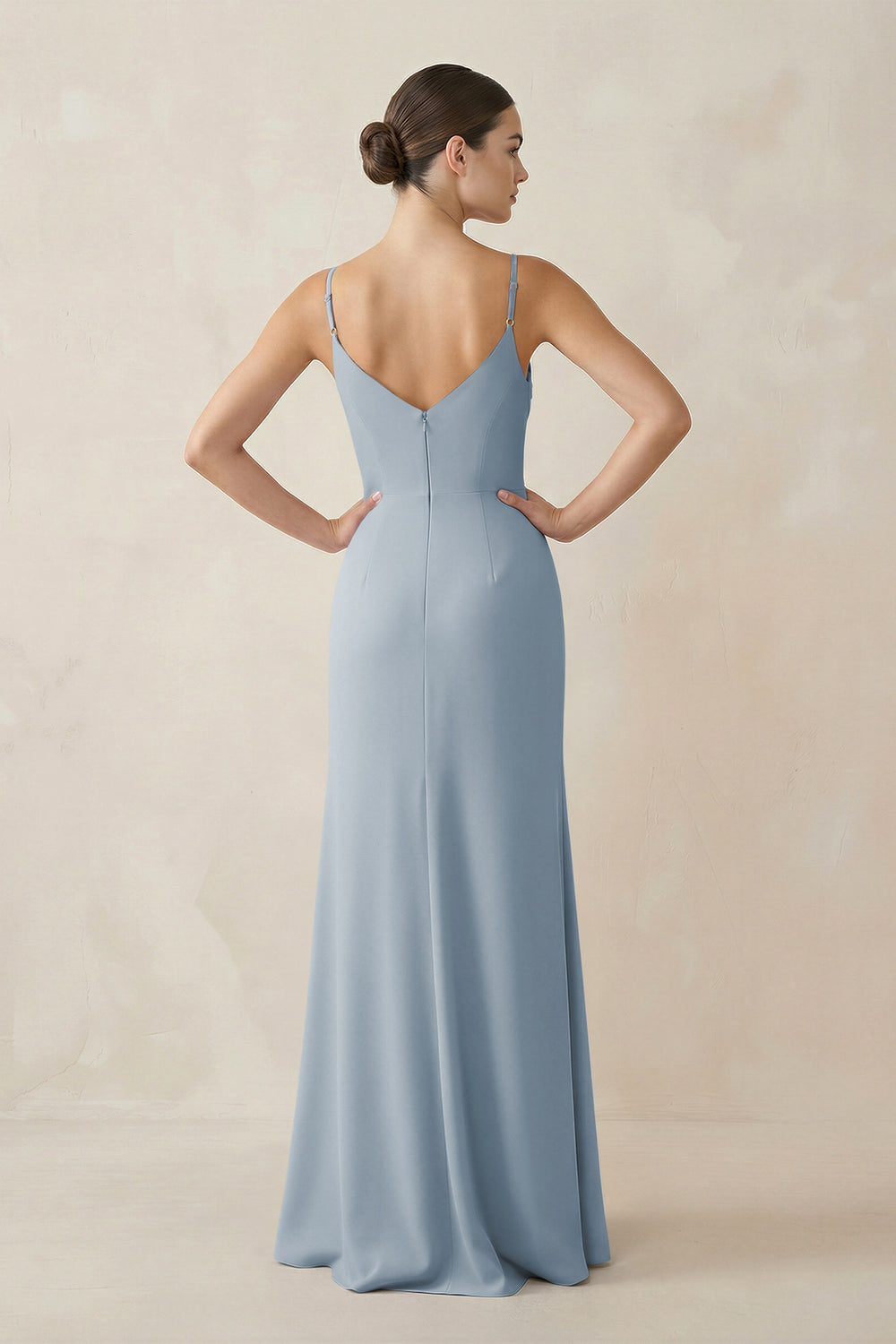 Ruched Sheath Spaghetti Strap Chiffon Bridesmaid Dress in Dusty Blue