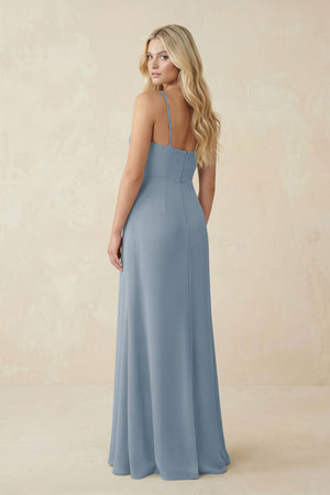 Dusty Blue Ruched Sheath Spaghetti Strap Chiffon Bridesmaid Dress (2) | KISSBRIDAL