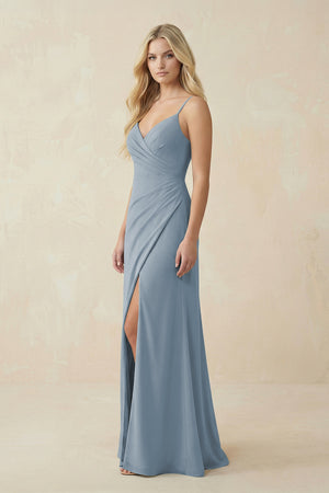 Dusty Blue Ruched Sheath Spaghetti Strap Chiffon Bridesmaid Dress (3) | KISSBRIDAL