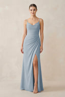 Dusty Blue Ruched Sheath Spaghetti Strap Chiffon Bridesmaid Dress | KISSBRIDAL