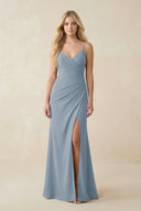 Dusty Blue Ruched Sheath Spaghetti Strap Chiffon Bridesmaid Dress | KISSBRIDAL