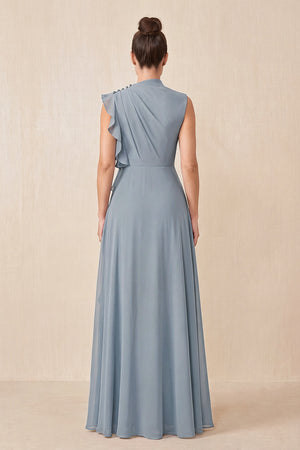 Dusty Blue Ruffled A-Line Chiffon Mother of the Bride Dress (2) | KISSBRIDAL