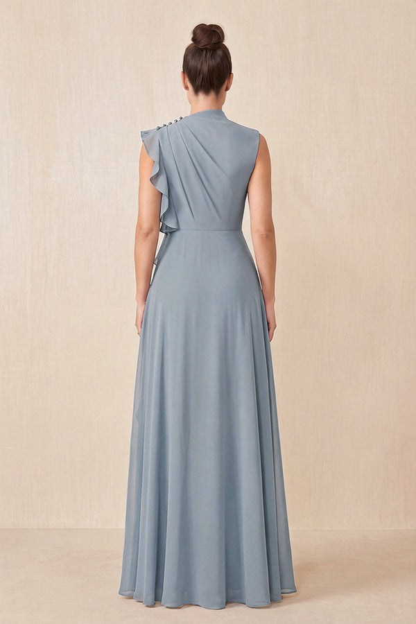 Dusty Blue Ruffled A-Line Chiffon Mother of the Bride Dress (2) | KISSBRIDAL