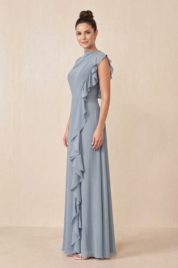 Dusty Blue Ruffled A-Line Chiffon Mother of the Bride Dress (3) | KISSBRIDAL