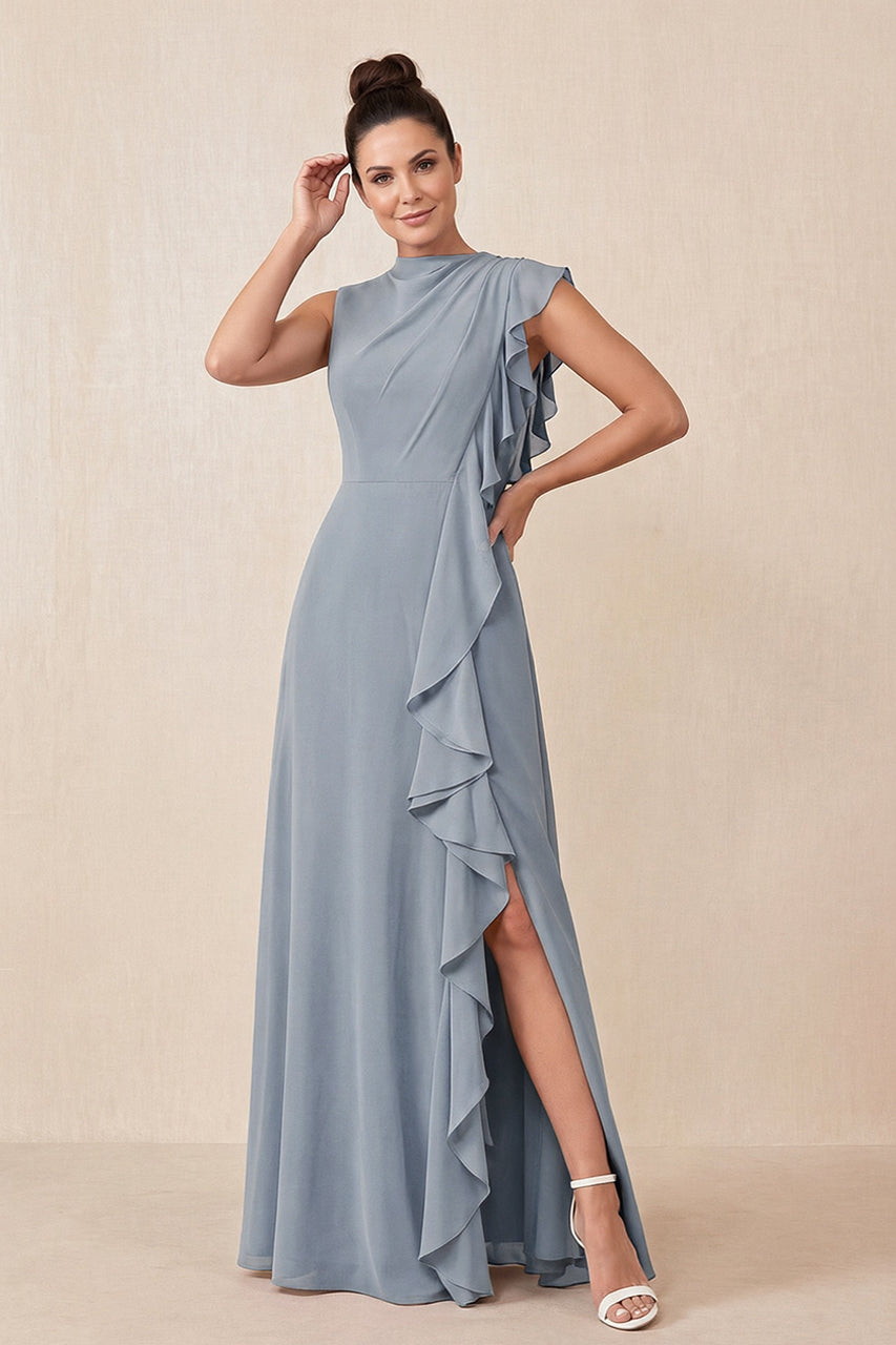 Dusty Blue Ruffled A-Line Chiffon Mother of the Bride Dress
