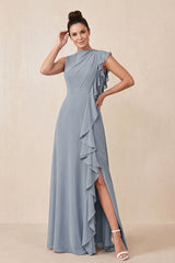 Dusty Blue Ruffled A-Line Chiffon Mother of the Bride Dress | KISSBRIDAL