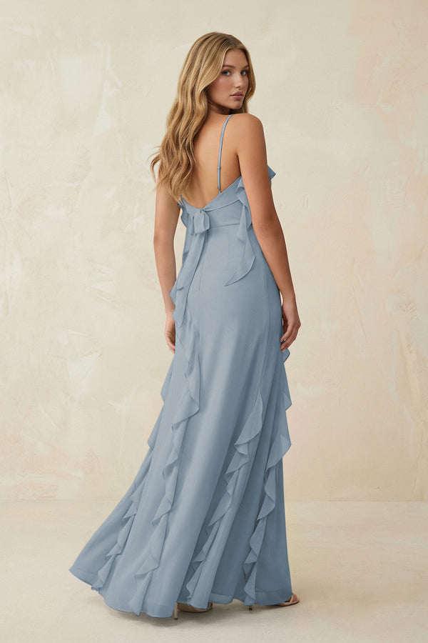 Dusty Blue Ruffled Cami Strap Chiffon Sheath Bridesmaid Dress (2) | KISSBRIDAL