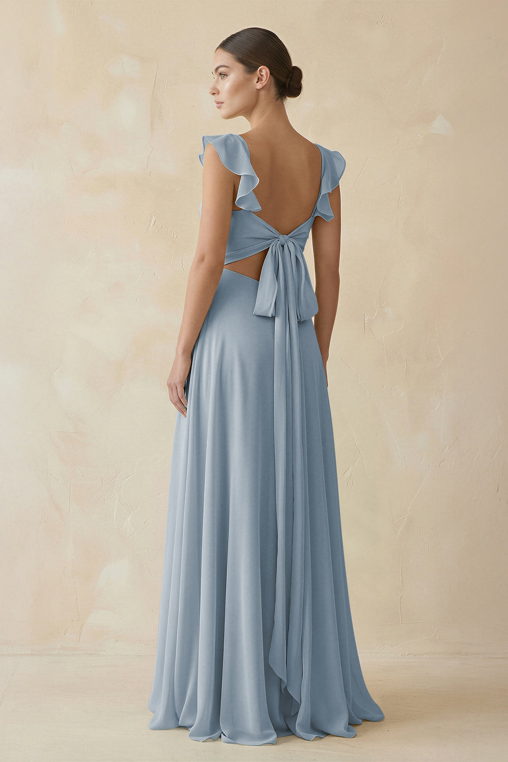 Ruffled Chiffon A-Line Long Bridesmaid Dress in Dusty Blue