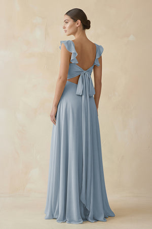 Dusty Blue Ruffled Chiffon A-Line Long Bridesmaid Dress (2) | KISSBRIDAL
