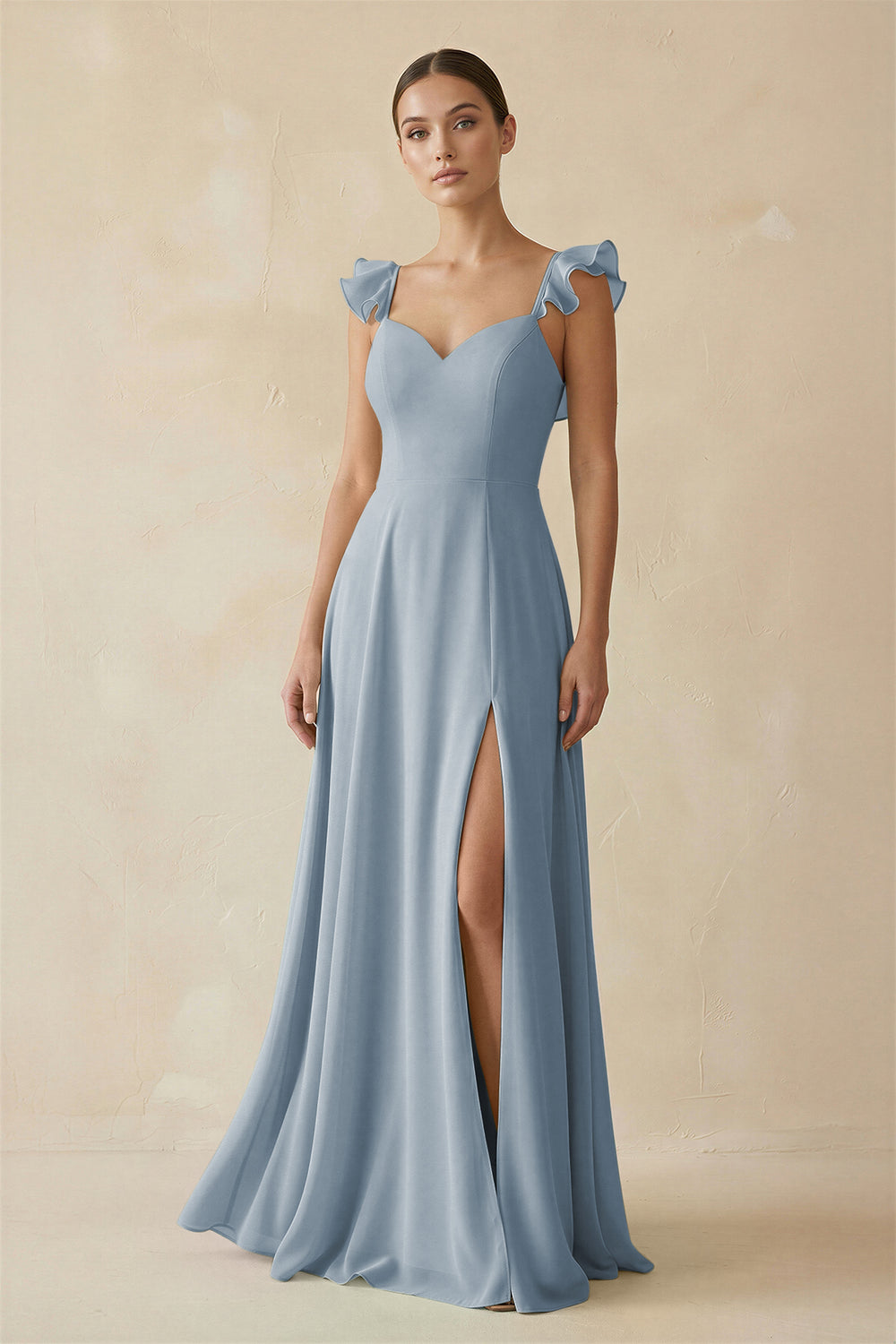 Ruffled Chiffon A-Line Long Bridesmaid Dress in Dusty Blue