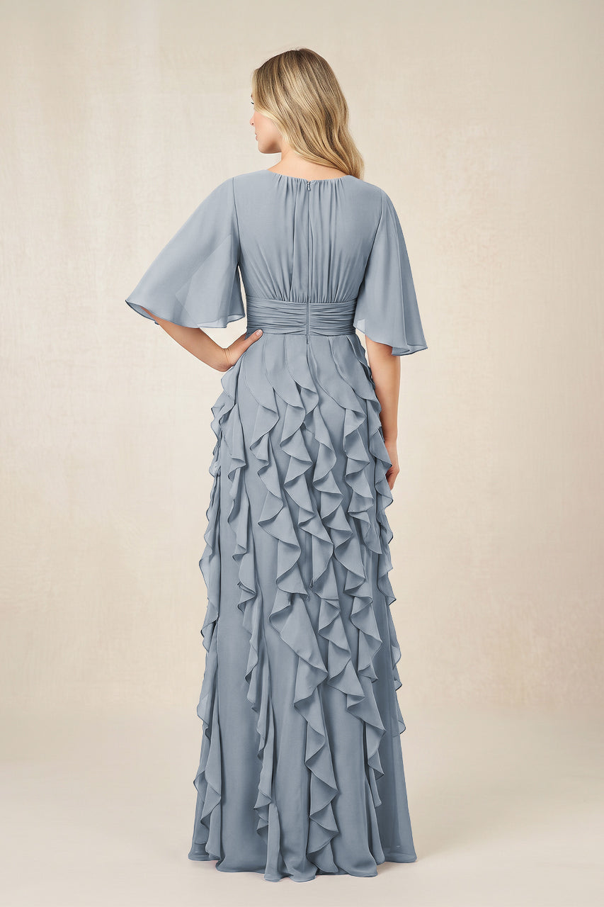 Dusty Blue Ruffled Chiffon Half Sleeves A-Line Mother of the Bride Dress