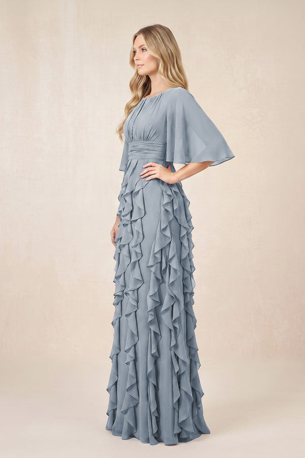 Dusty Blue Ruffled Chiffon Half Sleeves A-Line Mother of the Bride Dress (3) | KISSBRIDAL