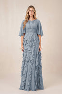 Dusty Blue Ruffled Chiffon Half Sleeves A-Line Mother of the Bride Dress | KISSBRIDAL