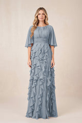 Dusty Blue Ruffled Chiffon Half Sleeves A-Line Mother of the Bride Dress | KISSBRIDAL