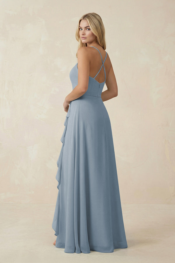 Dusty Blue Ruffled Hem A-Line Chiffon Bridesmaid Dress (2) | KISSBRIDAL