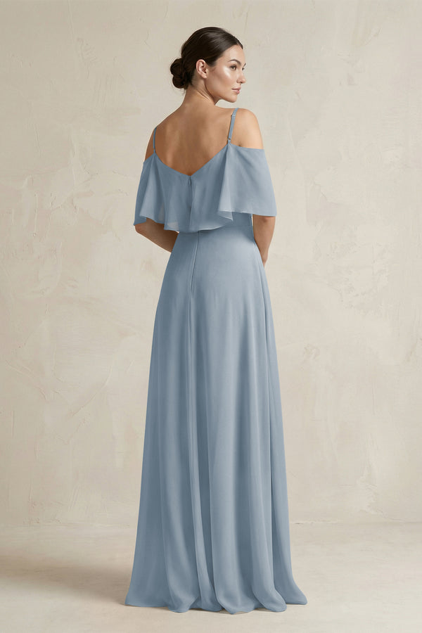 Dusty Blue Ruffled Off-the-Shoulder A-Line Chiffon Bridesmaid Gown (2) | KISSBRIDAL