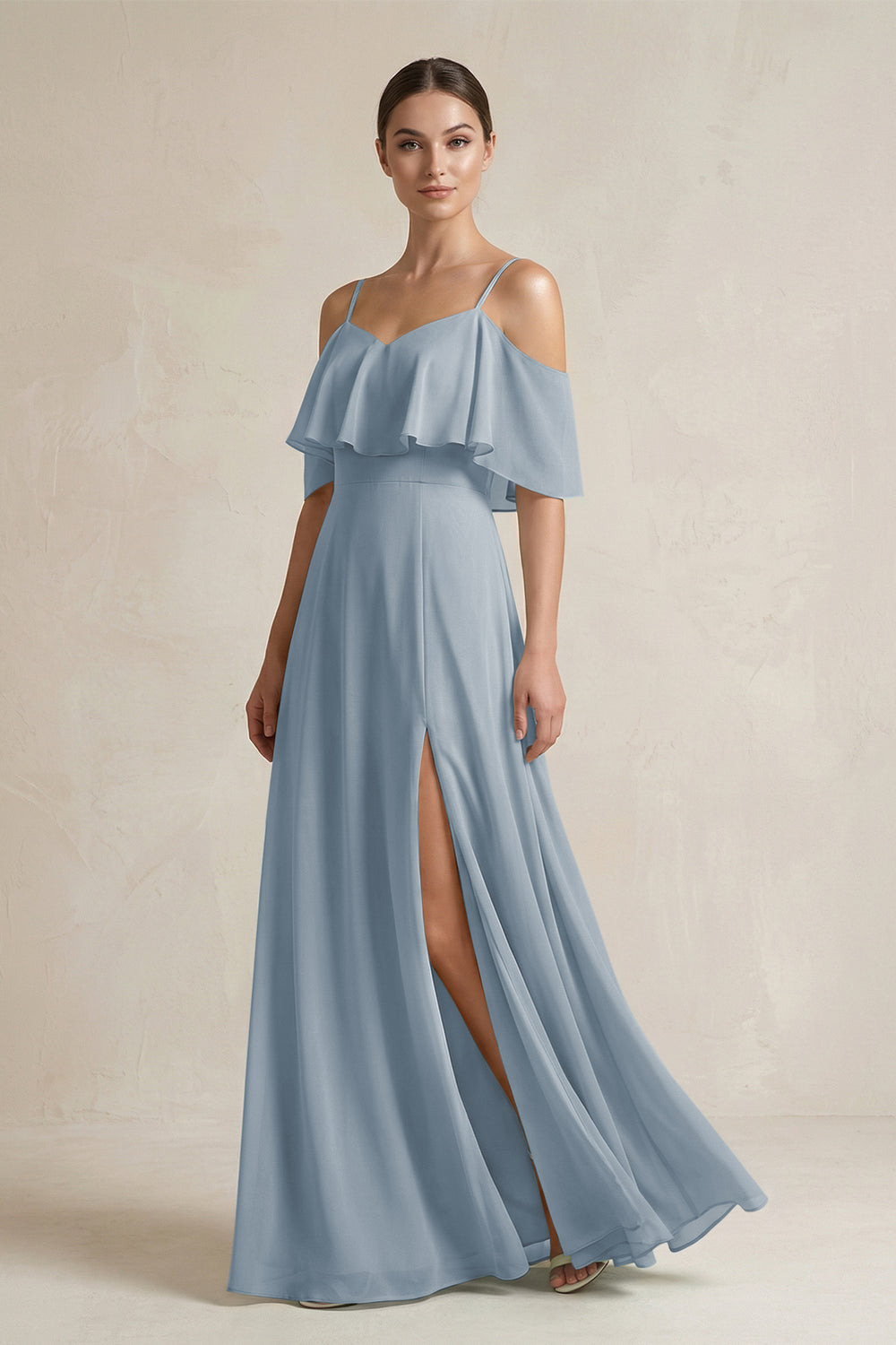 Ruffled Off-the-Shoulder A-Line Chiffon Bridesmaid Gown in Dusty Blue