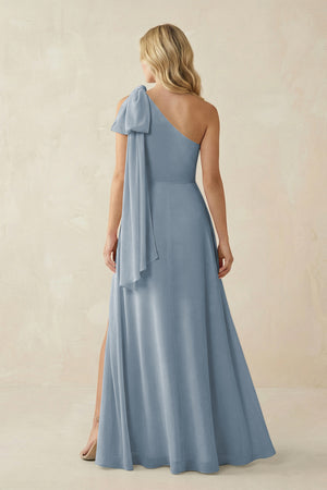 Dusty Blue Ruffled One Shoulder Chiffon Bridesmaid Dress With Slit in Dusty Blue (2) | KISSBRIDAL