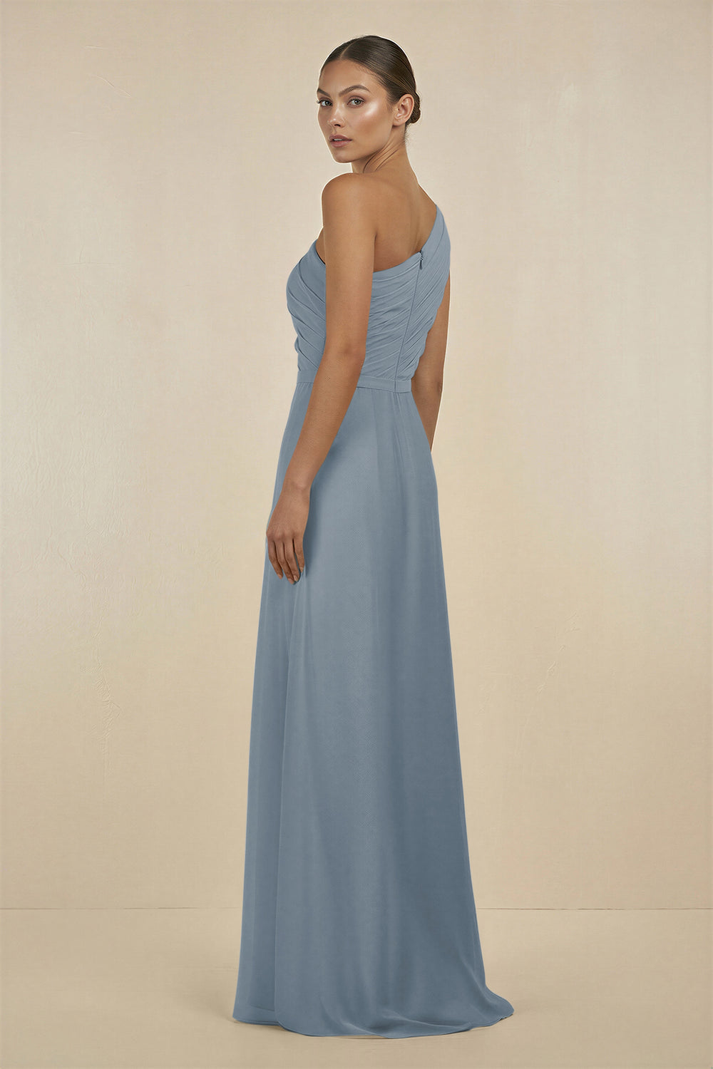 Ruffled One-Shoulder Pleated Sheath Bridesmaid Dress in Dusty Blue