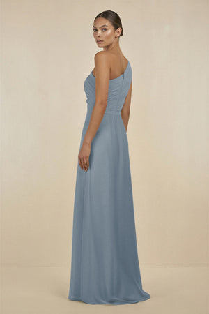 Dusty Blue Ruffled One-Shoulder Pleated Sheath Bridesmaid Dress (2) | KISSBRIDAL