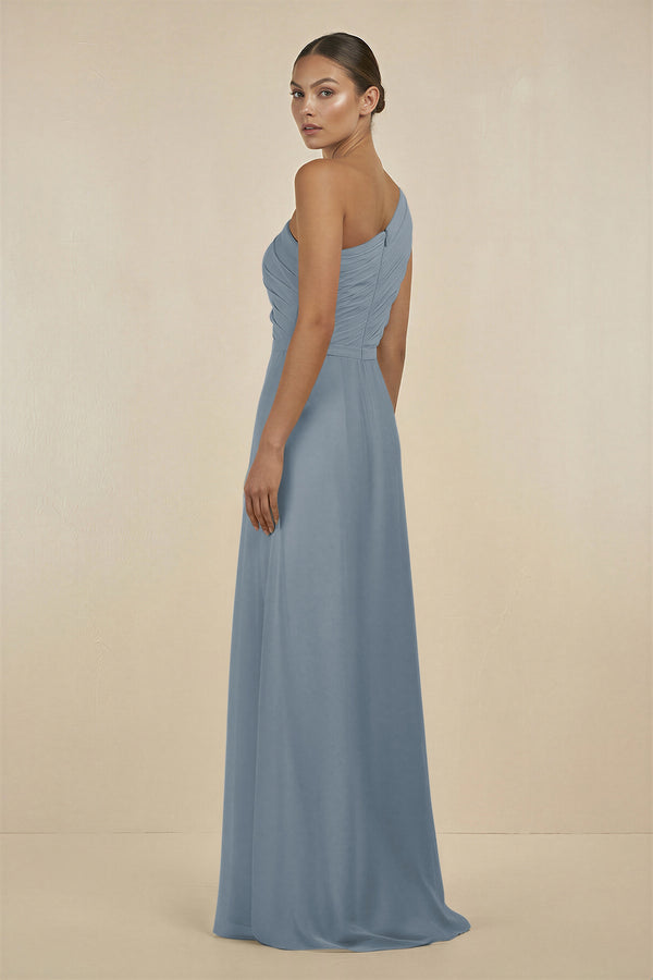 Dusty Blue Ruffled One-Shoulder Pleated Sheath Bridesmaid Dress (2) | KISSBRIDAL