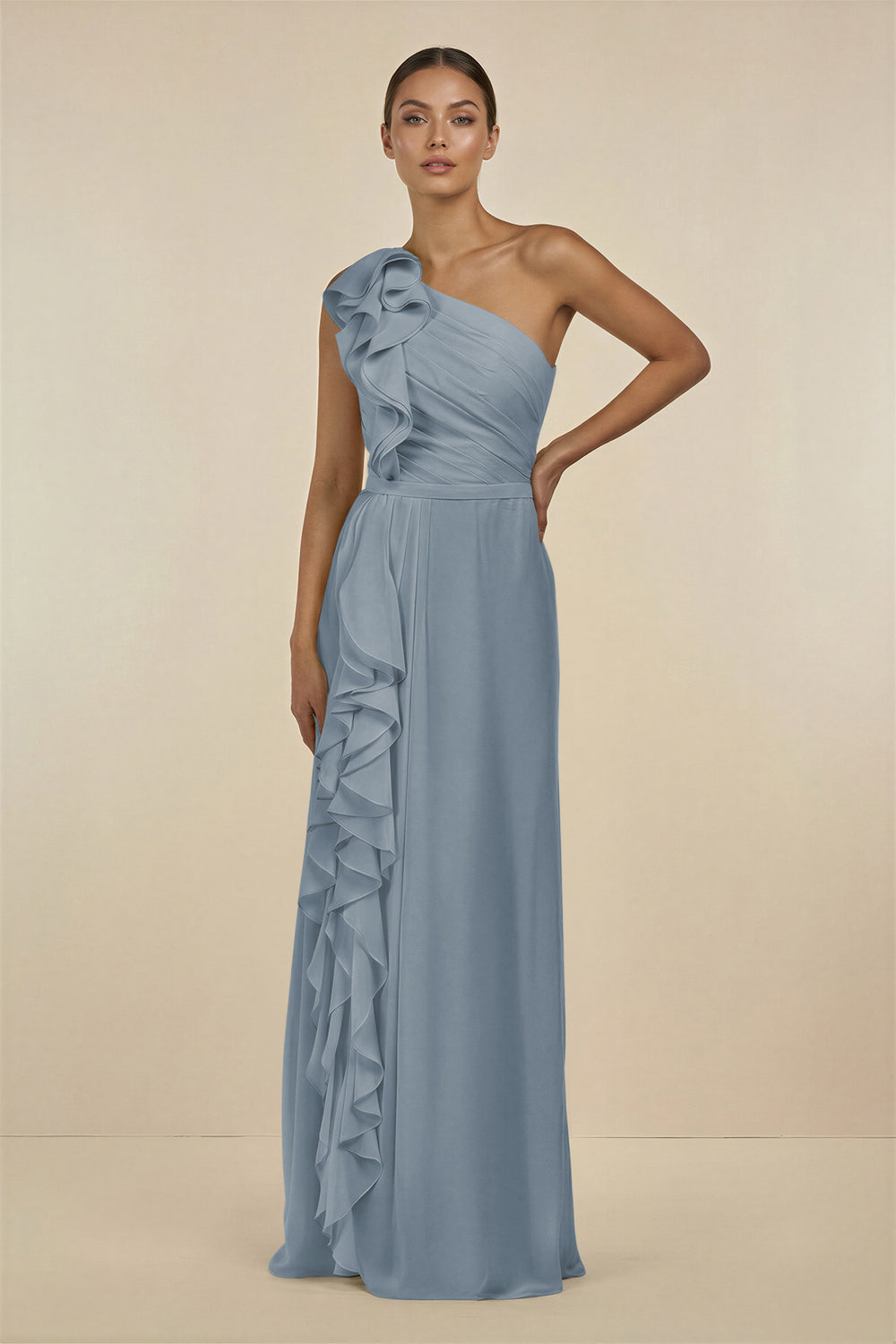 Ruffled One-Shoulder Pleated Sheath Bridesmaid Dress in Dusty Blue