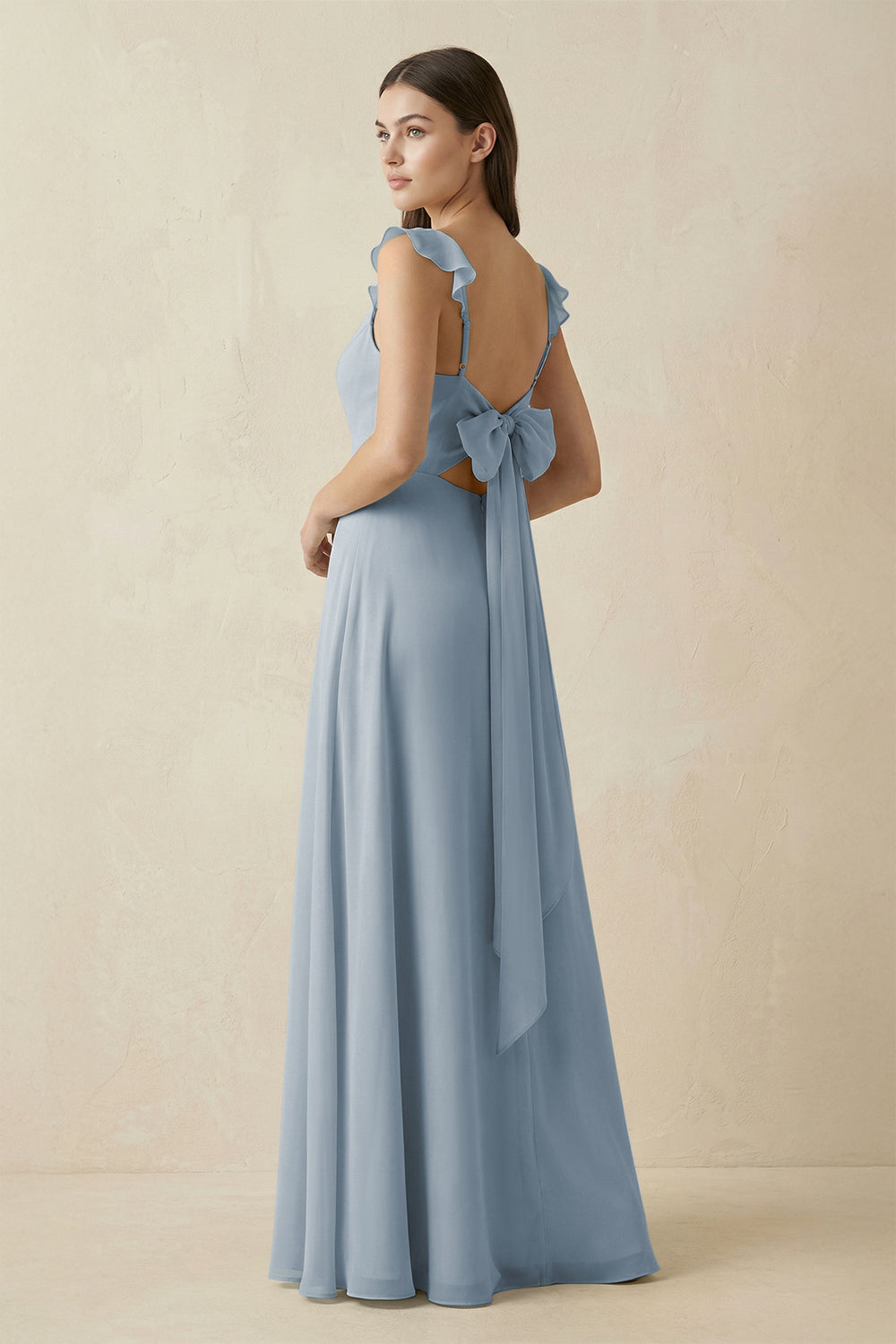 Ruffled Sleeve A-Line Chiffon Bridesmaid Dress in Dusty Blue