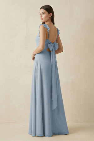 Dusty Blue Ruffled Sleeve A-Line Chiffon Bridesmaid Dress (2) | KISSBRIDAL