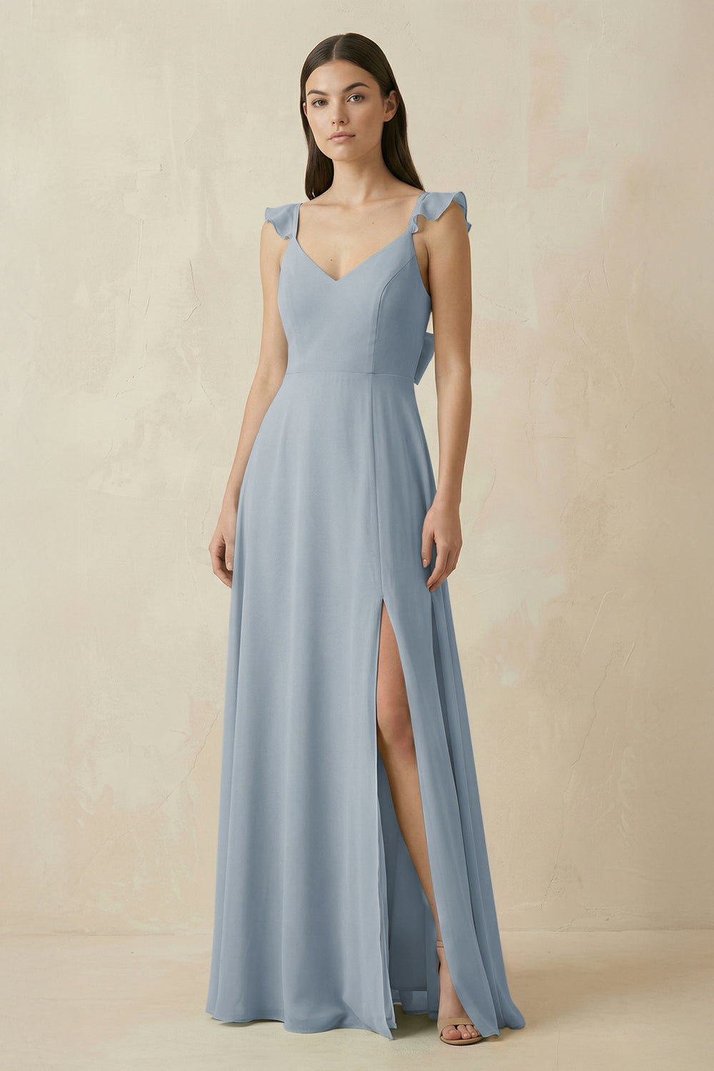 Ruffled Sleeve A-Line Chiffon Bridesmaid Dress in Dusty Blue