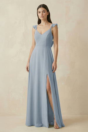 Dusty Blue Ruffled Sleeve A-Line Chiffon Bridesmaid Dress | KISSBRIDAL