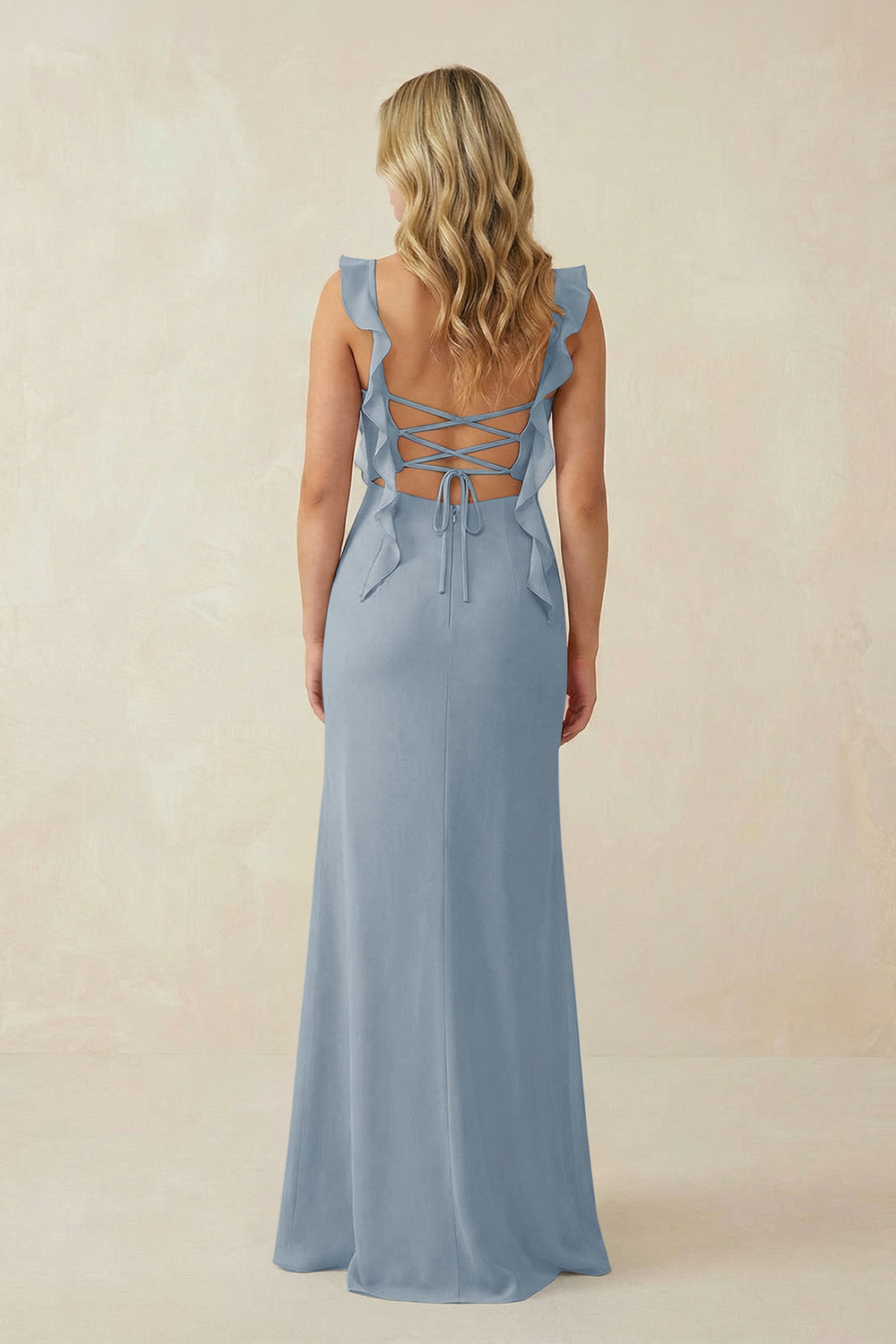 Ruffled Sleeve Ruched Sheath Chiffon Bridesmaid Dress in Dusty Blue
