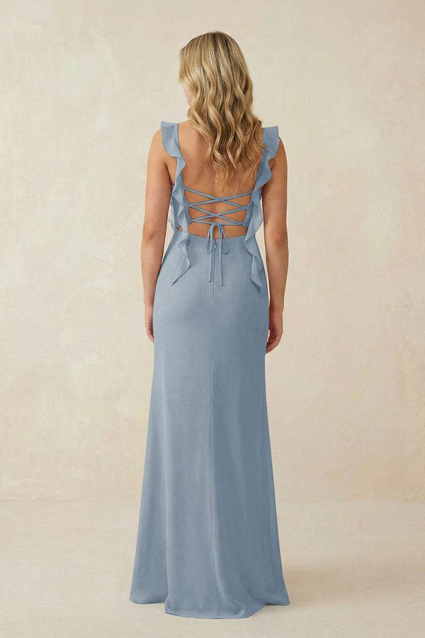 Dusty Blue Ruffled Sleeve Ruched Sheath Chiffon Bridesmaid Dress (2) | KISSBRIDAL