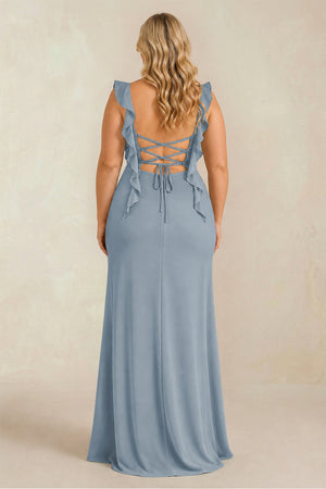 Dusty Blue Ruffled Sleeve Ruched Sheath Chiffon Bridesmaid Dress (2) [sizeplus] | KISSBRIDAL