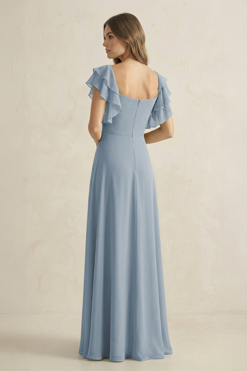 Ruffled Sleeves A-Line Chiffon Bridesmaid Dress in Dusty Blue