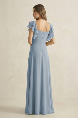 Dusty Blue Ruffled Sleeves A-Line Chiffon Bridesmaid Dress (2) | KISSBRIDAL