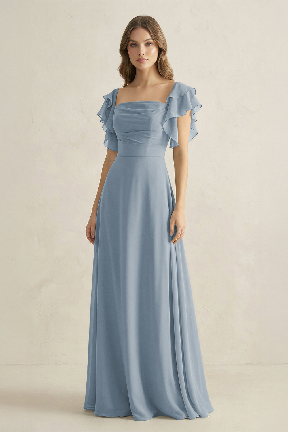 Ruffled Sleeves A-Line Chiffon Bridesmaid Dress in Dusty Blue