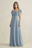 Dusty Blue Ruffled Sleeves A-Line Chiffon Bridesmaid Dress | KISSBRIDAL