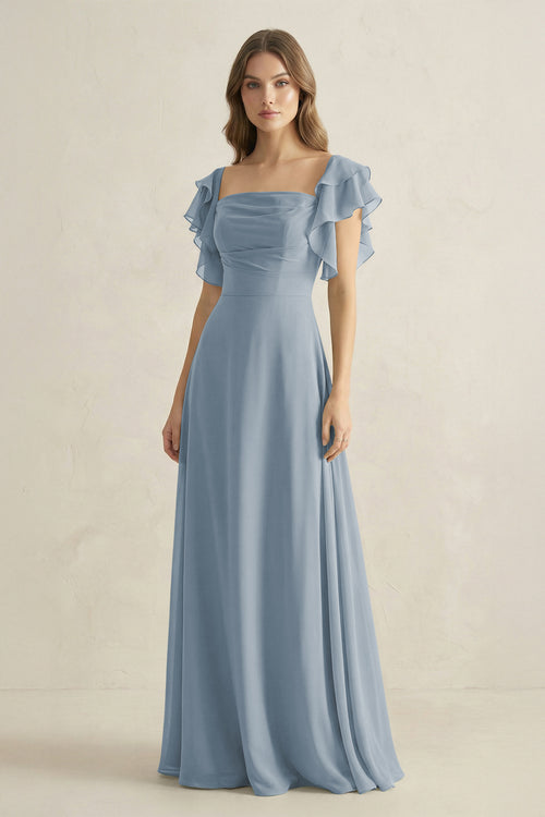 Dusty Blue Ruffled Sleeves A-Line Chiffon Bridesmaid Dress | KISSBRIDAL