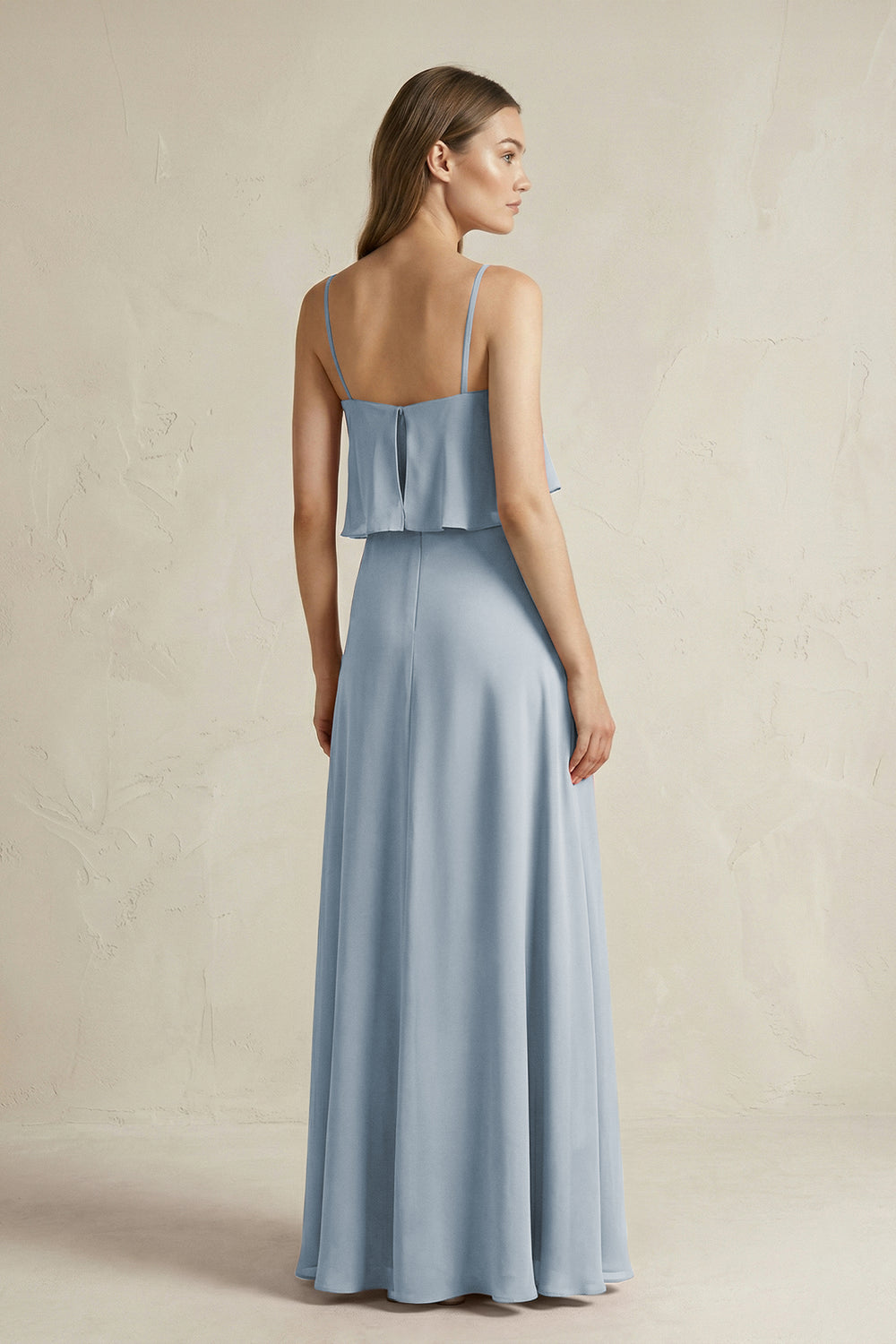Ruffled Spaghetti Strap A-Line Chiffon Bridesmaid Dress in Dusty Blue