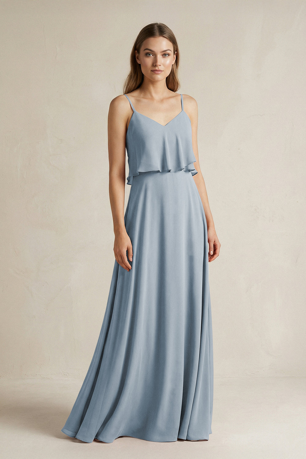 Ruffled Spaghetti Strap A-Line Chiffon Bridesmaid Dress in Dusty Blue