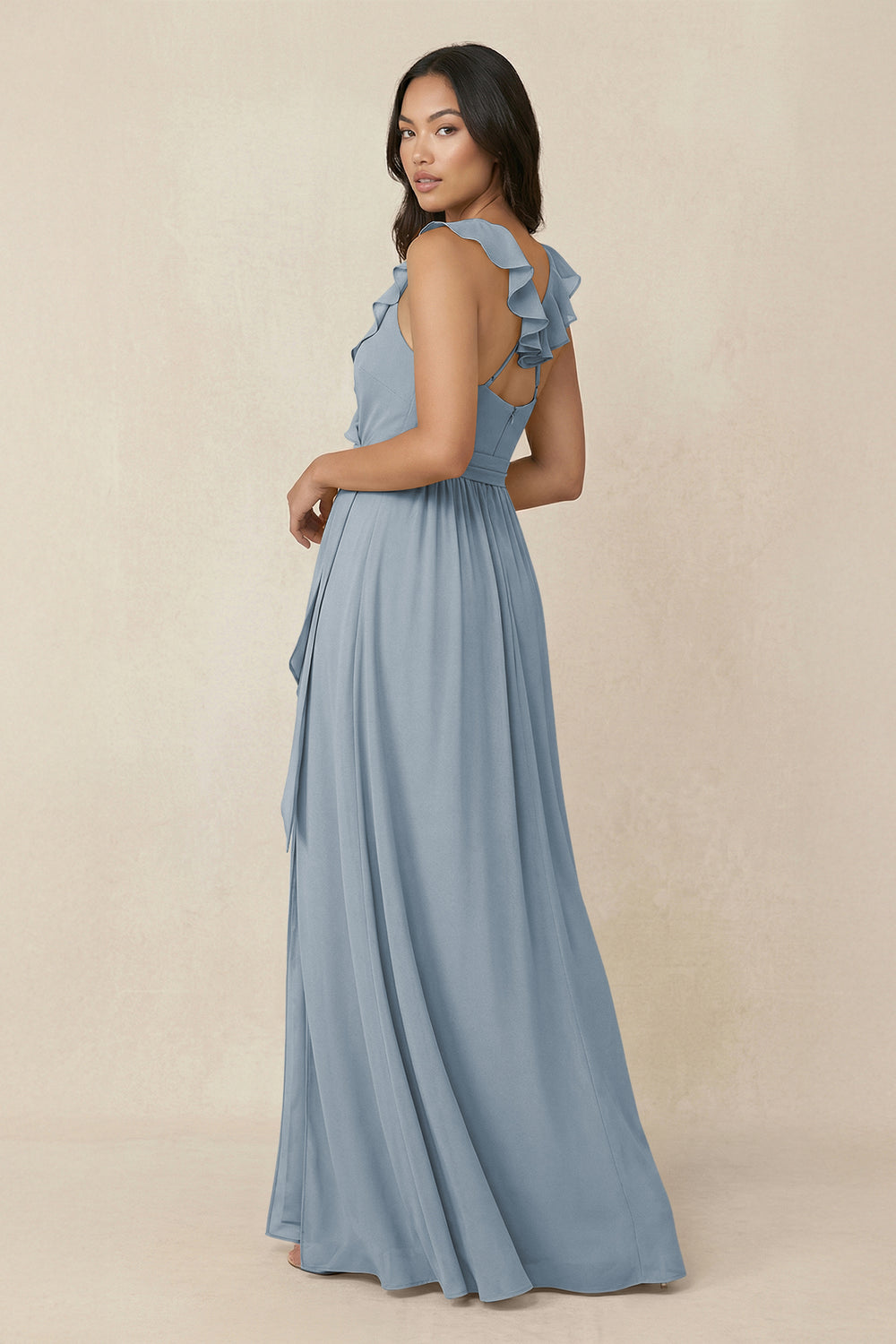 Ruffled V-Neck A-Line Chiffon Bridesmaid Dress in Dusty Blue
