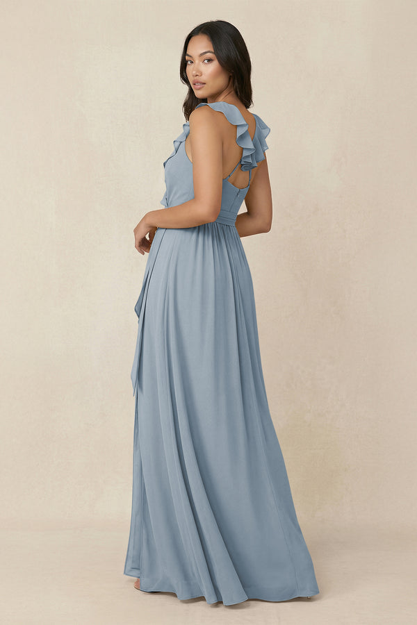 Dusty Blue Ruffled V-Neck A-Line Chiffon Bridesmaid Dress (2) | KISSBRIDAL