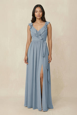 Dusty Blue Ruffled V-Neck A-Line Chiffon Bridesmaid Dress | KISSBRIDAL