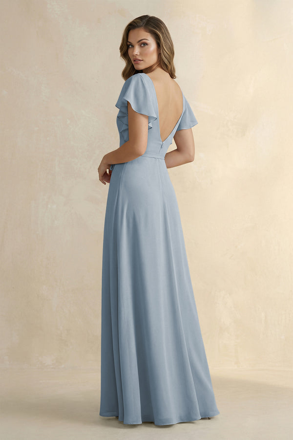 Dusty Blue Ruffled V-Neck Chiffon A-Line Bridesmaid Dress (2) | KISSBRIDAL